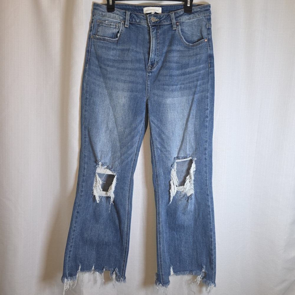 Risen Jeans Women's Size 15/32 Distressed Raw Hem Wide Leg Blue Denim Pants